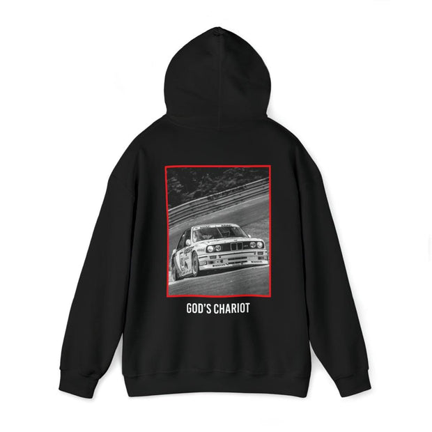 Back view of a black hoodie with a black and white racing car photo framed in red with the caption 'GOD'S CHARIOT' below, epitomizing classic motorsport glory